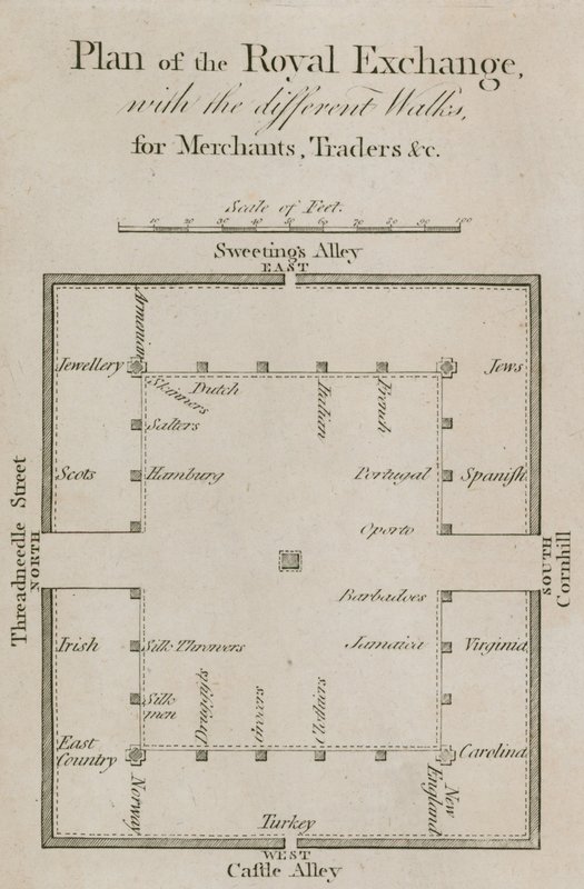 Plan du Royal Exchange avec les différentes allées pour les marchands, commerçants, etc. - English School