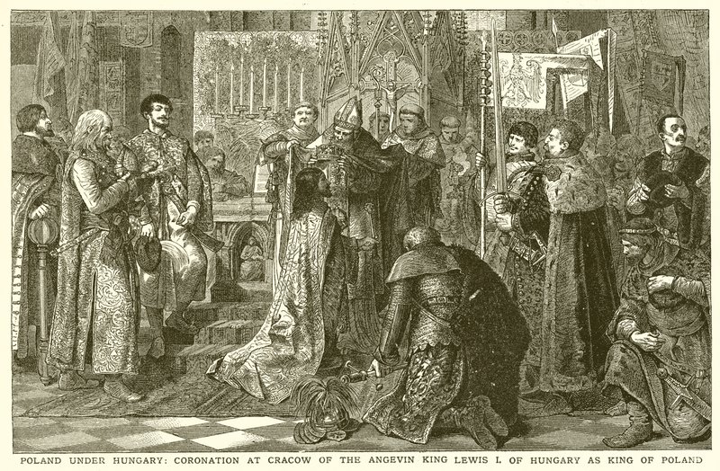 La Pologne sous la Hongrie : couronnement à Cracovie du roi angevin Louis Ier de Hongrie comme roi de Pologne - English School