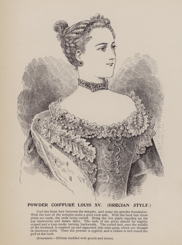 Coiffure en poudre Louis XV, style grec (gravure) - English School