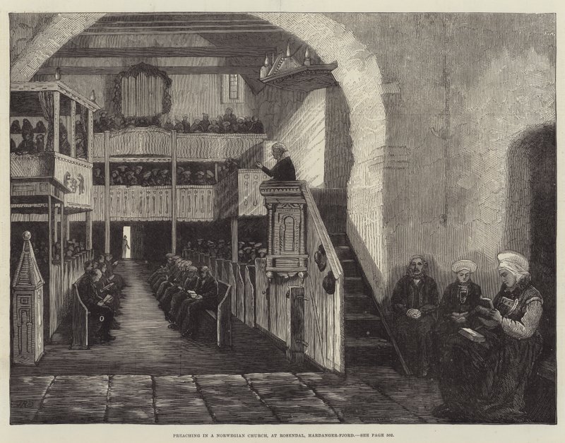 Prédication dans une église norvégienne, à Rosendal, Hardanger-Fjord (gravure) - English School