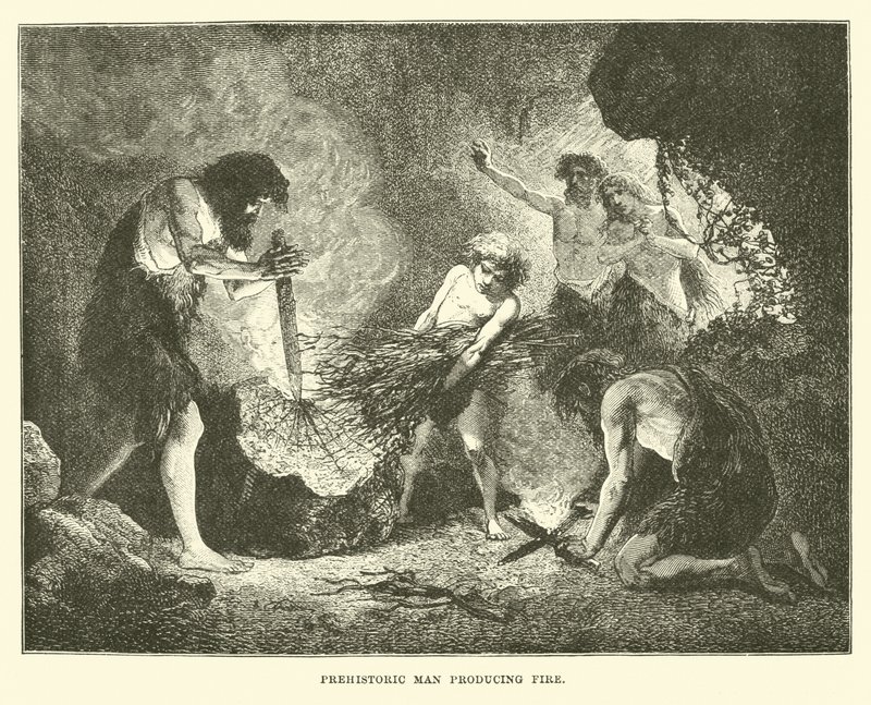 Homme préhistorique produisant du feu - English School