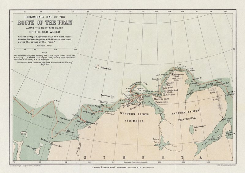 Carte préliminaire de la route du Fram le long de la côte nord de l