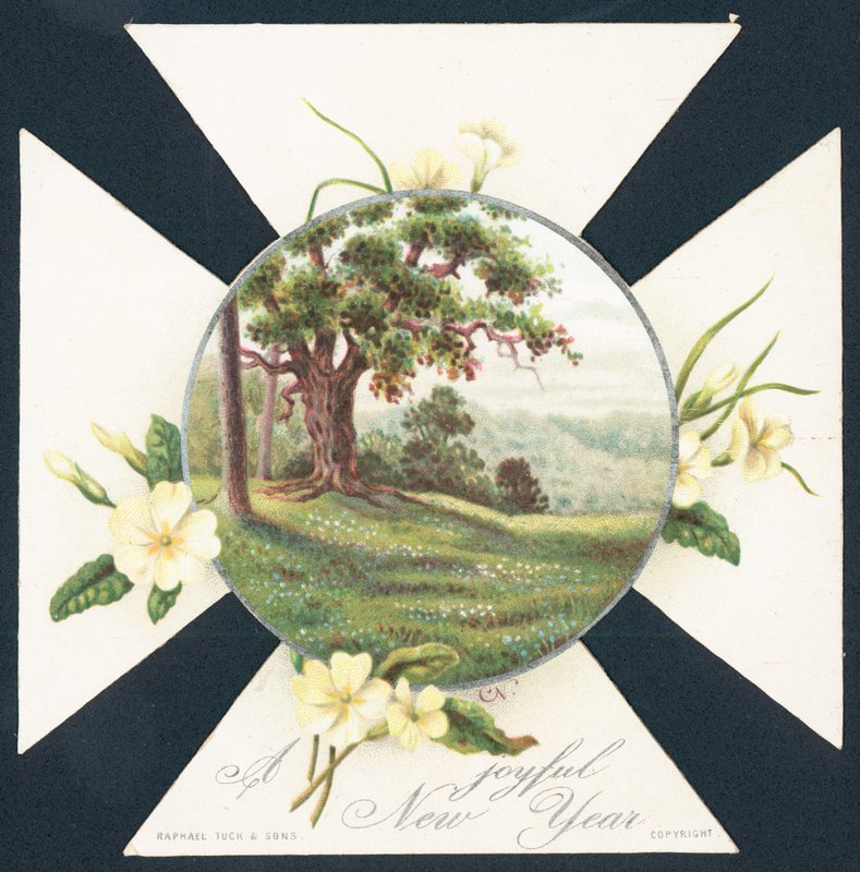Primevères et scène de campagne, Carte de Nouvel An - English School