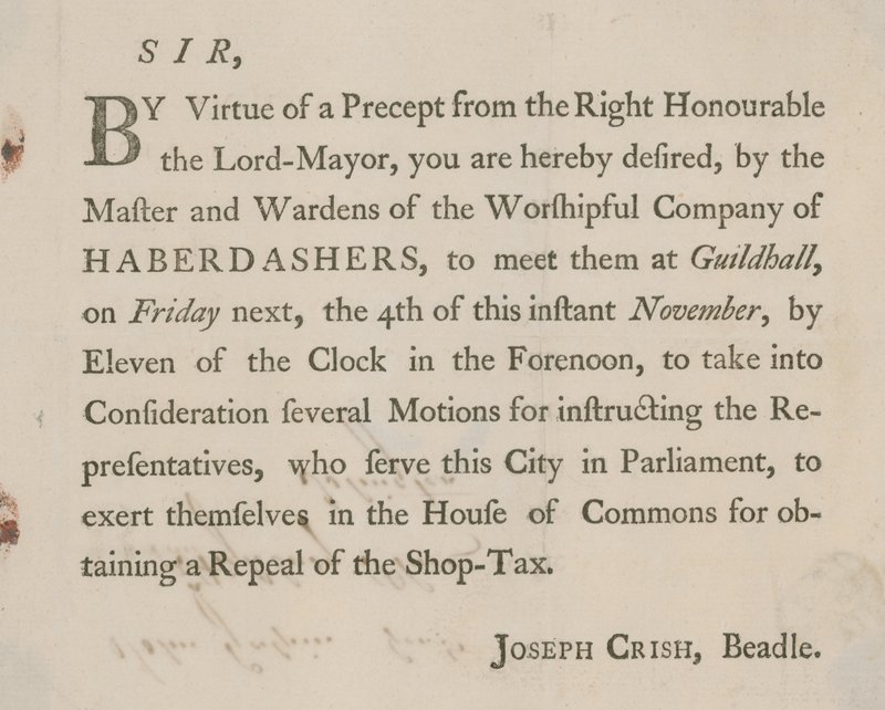 Lettre imprimée de Joseph Crish, bedeau de Guildhall, Londres - English School