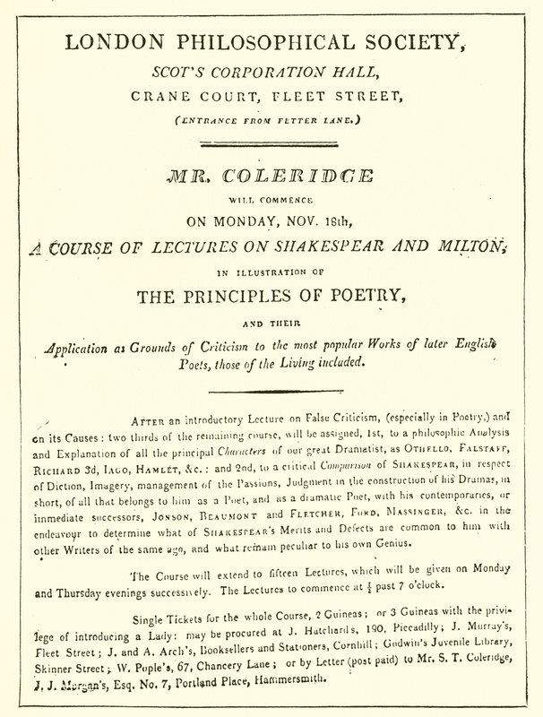 Programme des conférences de Coleridge de 1808 - English School