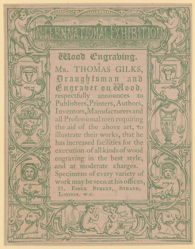 Carte promotionnelle pour Thomas Gilks, dessinateur et graveur sur bois - English School