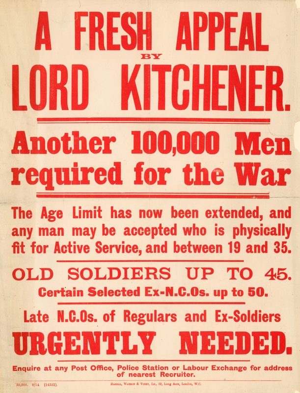 Affiche promotionnelle appelant 100 000 hommes à se porter volontaires pour la guerre - English School