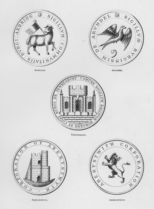 Armoiries publiques : Axbridge ; Arundel ; Tewkesbury ; Aberystwith (gravure) - English School