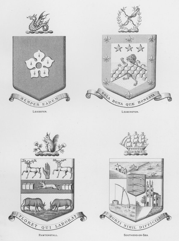 Armoiries publiques : Leicester ; Leamington ; Rawtenstall ; Southend-on-Sea (gravure) - English School