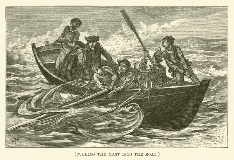 Tirer le mât dans le bateau (gravure) - English School