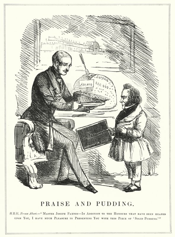 Éloge et Pudding : Le Prince Albert récompensant Joseph Paxton pour avoir conçu le Crystal Palace pour abriter la Grande Exposition de 1851 à Hyde Park, Londres - English School