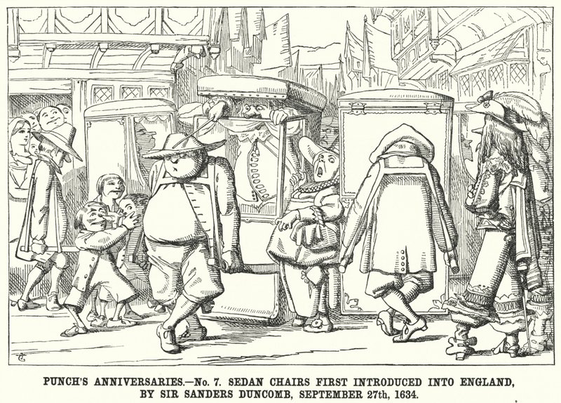 Les Anniversaires de Punch - No 7. Les Chaises à Porteurs Introduites pour la Première Fois en Angleterre, par Sir Sanders Duncomb, le 27 septembre - English School