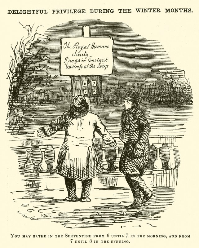 Dessin humoristique : Nager dans la Serpentine, Hyde Park, Londres - English School