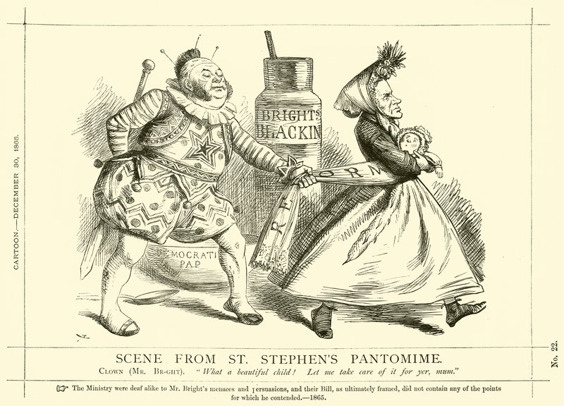 Caricature de Punch concernant John Bright : Scène de la Pantomime de St Stephen, 30 décembre 1865 - English School