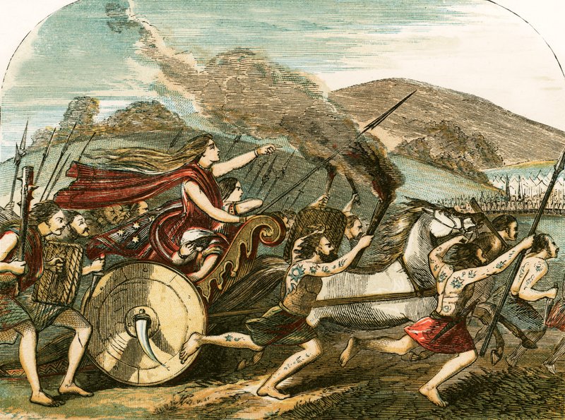 La reine Boadicée menant les Bretons contre les Romains - English School