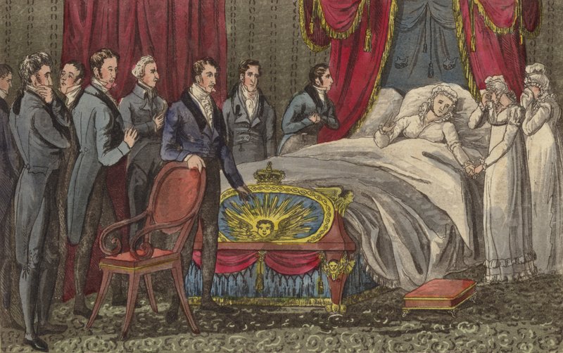 La reine Caroline sur son lit de mort, Brandenburg House, Hammersmith, Londres - English School