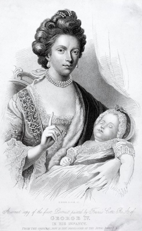 La reine Charlotte, épouse du roi George III, avec leur fils bébé, le futur prince régent et roi George IV - English School