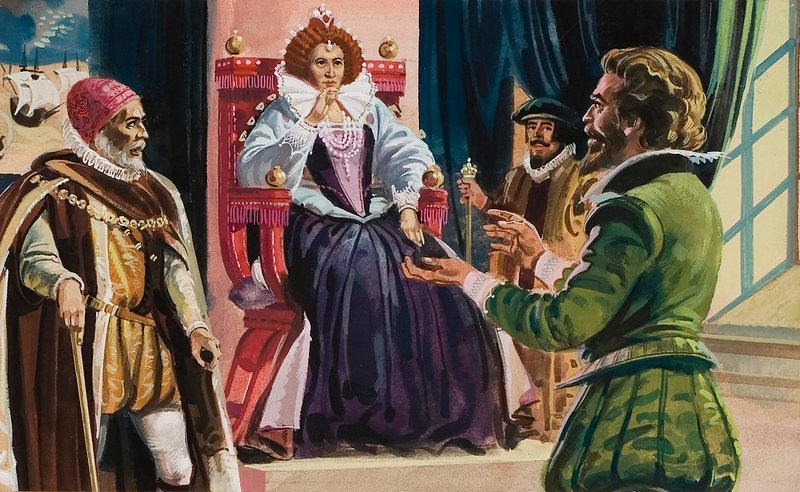 La reine Elizabeth I (1533-1603) et Sir Francis Drake (1540-96) (gouache sur papier) - English School