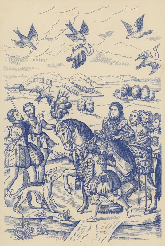 La Reine Elizabeth à la chasse au faucon (litho) - English School