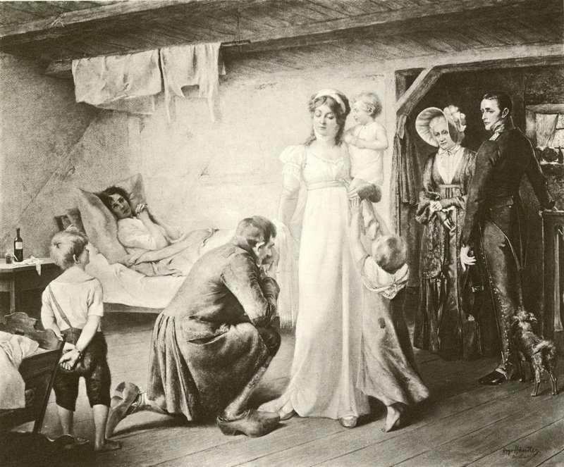 La Reine Louise de Prusse visitant les pauvres (gravure) - English School