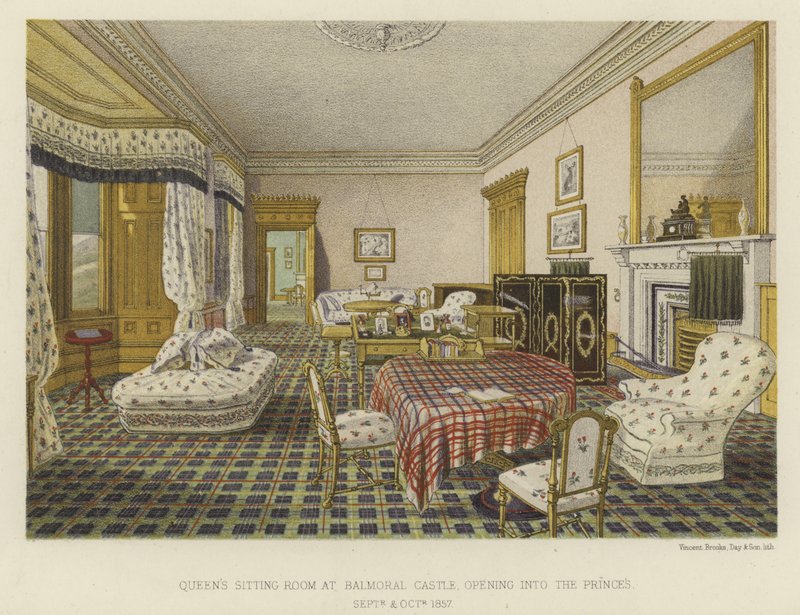 Salle de séjour de la reine Victoria au château de Balmoral, ouvrant sur les princes - English School