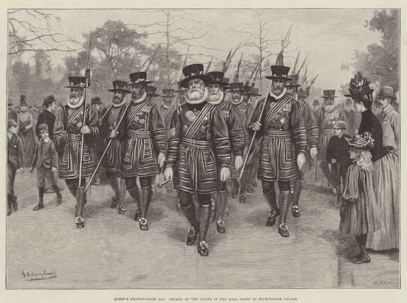 Jour de réception de la reine, Yeomen of the Guard dans le Mall allant au palais de Buckingham (gravure) - English School