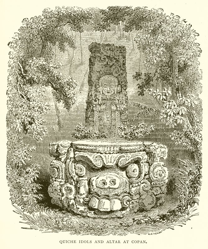 Idoles quichéennes et autel à Copan - English School