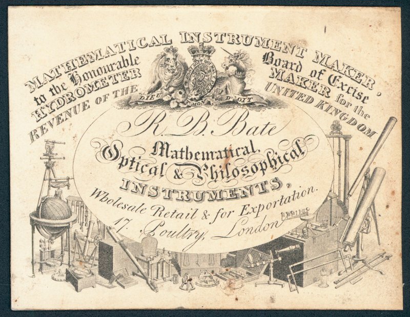Carte de visite de R B Bate, instruments mathématiques, optiques et philosophiques - English School