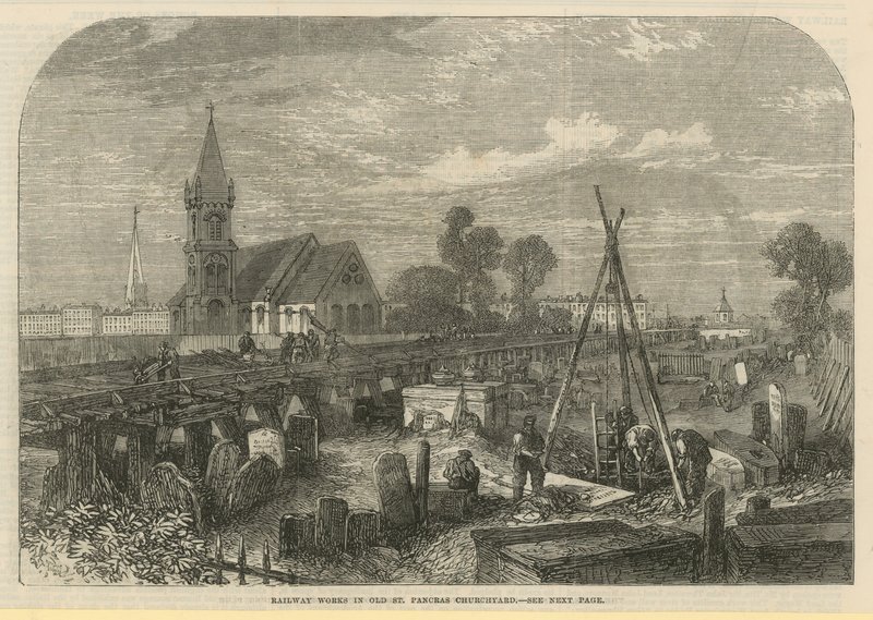 Travaux ferroviaires dans le cimetière de Old St Pancras (gravure) - English School