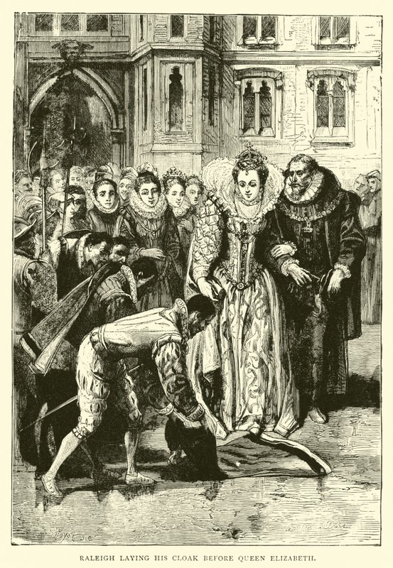 Raleigh étendant son manteau devant la reine Élisabeth - English School