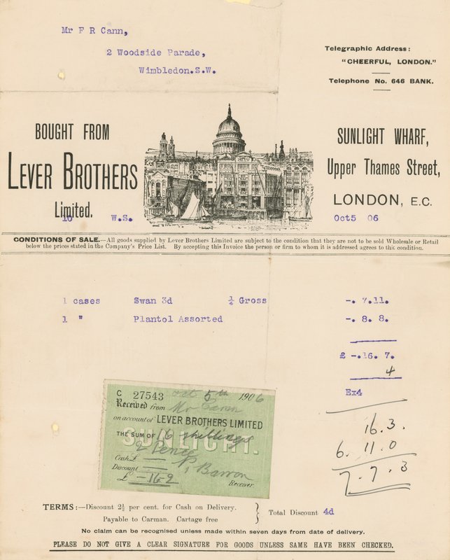 Reçu pour Lever Brothers Limited - English School