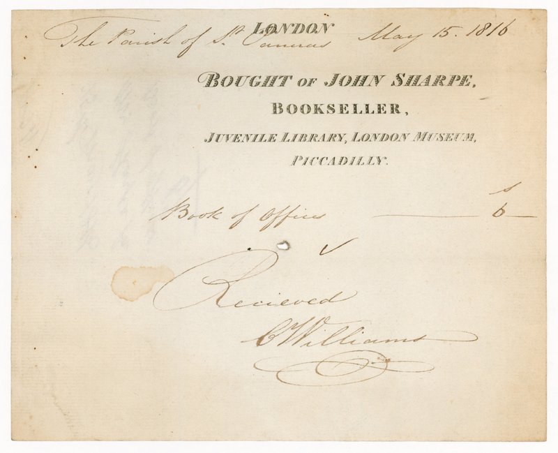 Reçu de John Sharpe, libraire, Bibliothèque pour enfants, Musée de Londres, Piccadilly, Londres - English School
