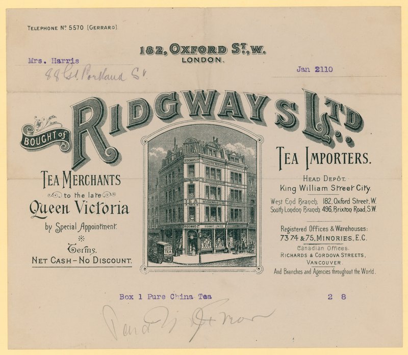 Reçu de Ridgways, importateurs de thé, 182 Oxford Street, Londres - English School