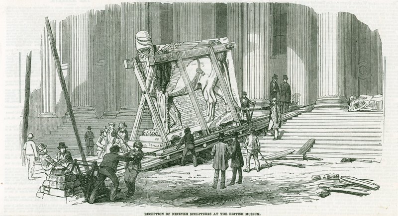 Réception des sculptures de Ninive au British Museum (gravure) - English School