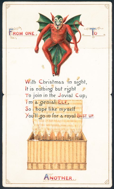 Diable rouge et panier en osier, Carte de Noël - English School