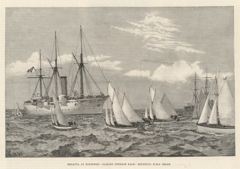 Régate à Zanzibar, course de pinasse à voile, contournant le HMS Brisk - English School