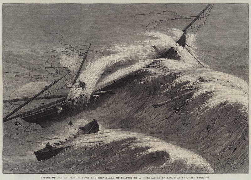 Sauvetage de onze personnes du navire Alarm de Belfast par un canot de sauvetage dans la baie de Ballycotton (gravure) - English School