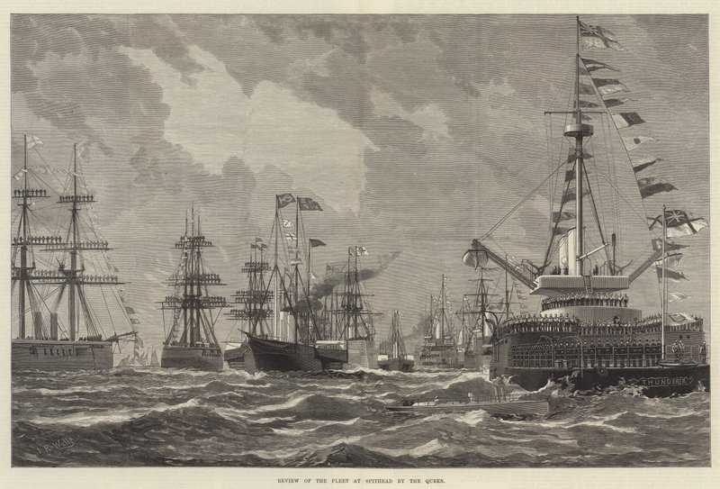 Revue de la flotte à Spithead par la reine (gravure) - English School