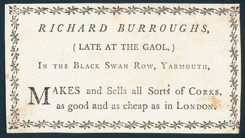Carte de visite de Richard Burroughs, fabricant et vendeur de bouchons - English School