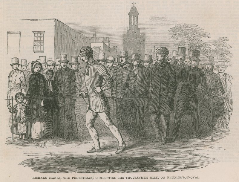 Richard Manks, le piéton, complétant son millième mile sur Kennington Oval - English School