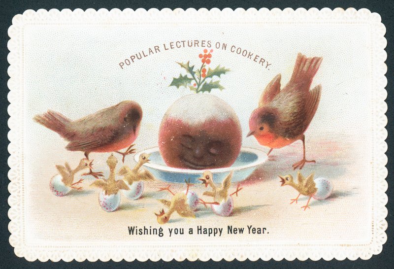 Rouges-gorges et poussins regardant un pudding aux prunes souriant - English School
