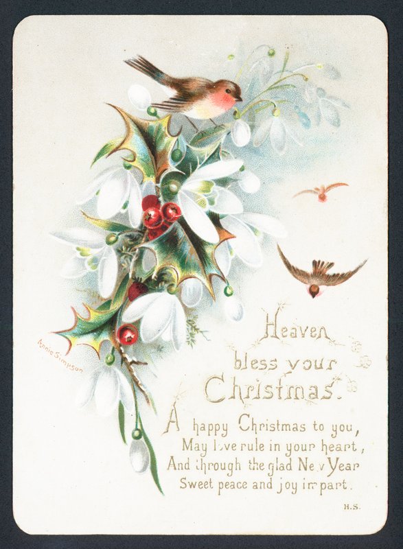 Rouges-gorges avec houx et perce-neige, Carte de Noël - English School