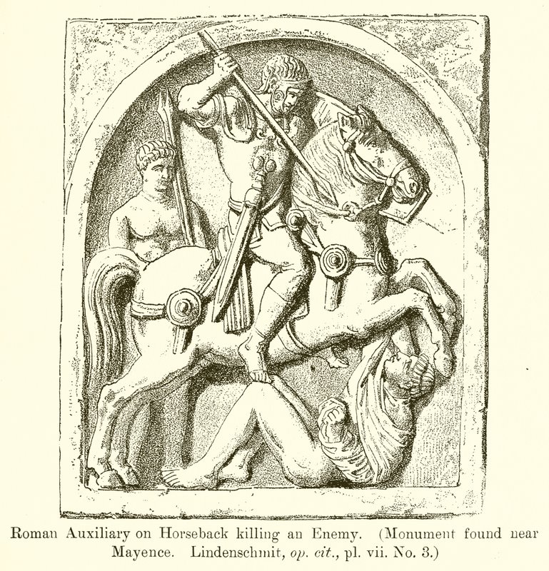 Auxiliaire romain à cheval tuant un ennemi (Monument trouvé près de Mayence, Lindenschmit, op. cit., vii. No. 3) - English School
