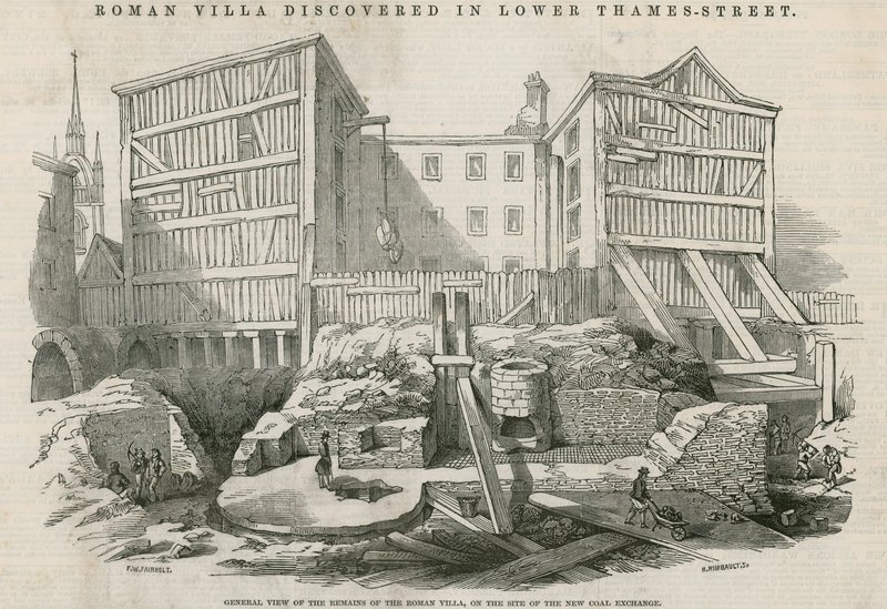 Villa romaine découverte à Lower Thames Street, Londres : Vue générale des vestiges de la villa romaine sur le site du nouveau Coal Exchange - English School
