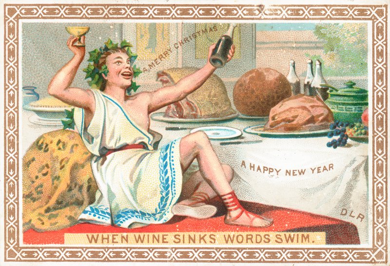 Romain appréciant le vin et le festin de Noël, Carte de Noël - English School