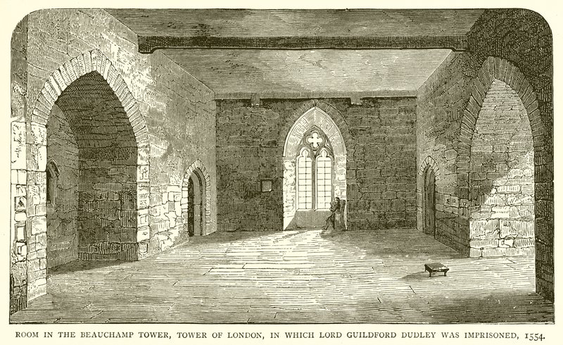 Chambre dans la tour Beauchamp, Tour de Londres, où Lord Guildford Dudley fut emprisonné, 1554 - English School