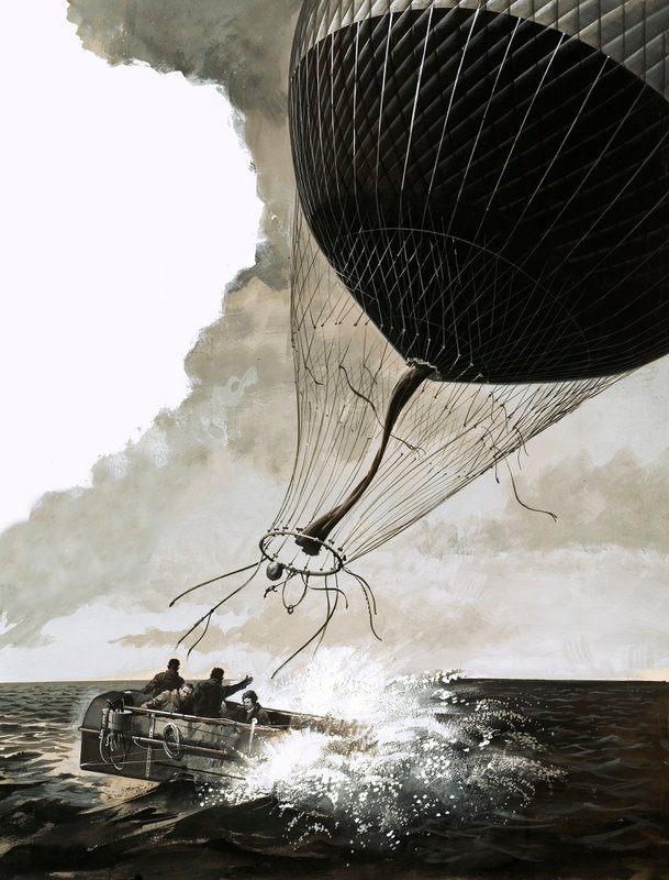 Rosemary Mudie et son mari tentent une traversée transatlantique en ballon (gouache sur papier) - English School