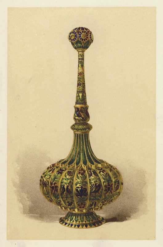Bouteille de rose ou arrosoir en argent doré et émaillé - English School