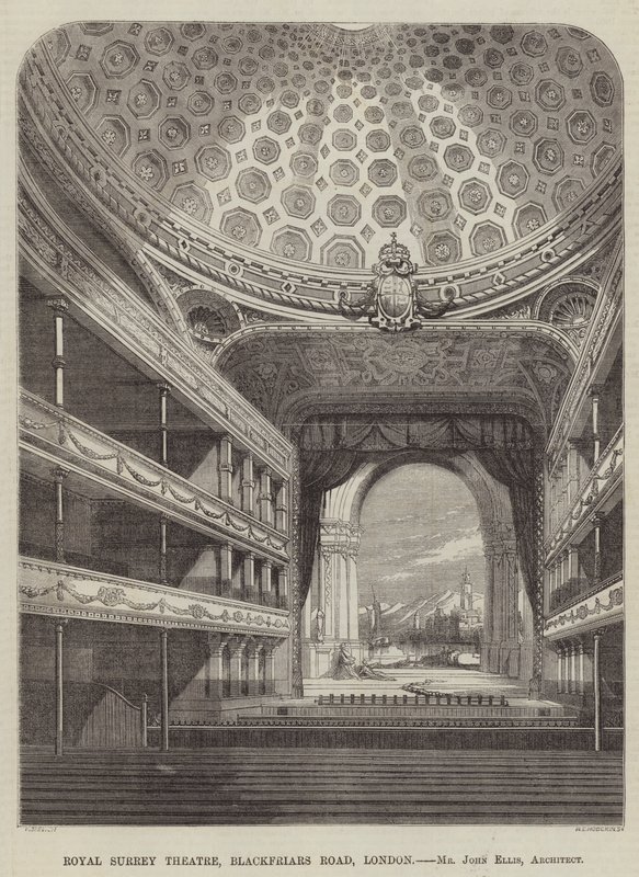 Théâtre Royal Surrey, Blackfriars Road, Londres, M. John Ellis, Architecte (gravure) - English School