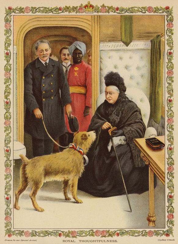 Pensée royale - La reine Victoria à la gare de Paddington, faisant un don de charité (chromolithographie) - English School